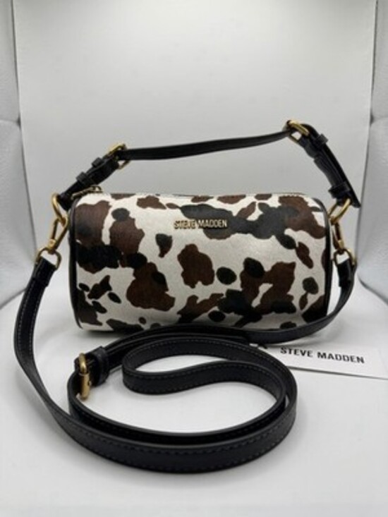 Steve Madden Handbags - NWT Steve Madden Cow Print Barrel Crossbody Bag Brown White Cylinder Handbag